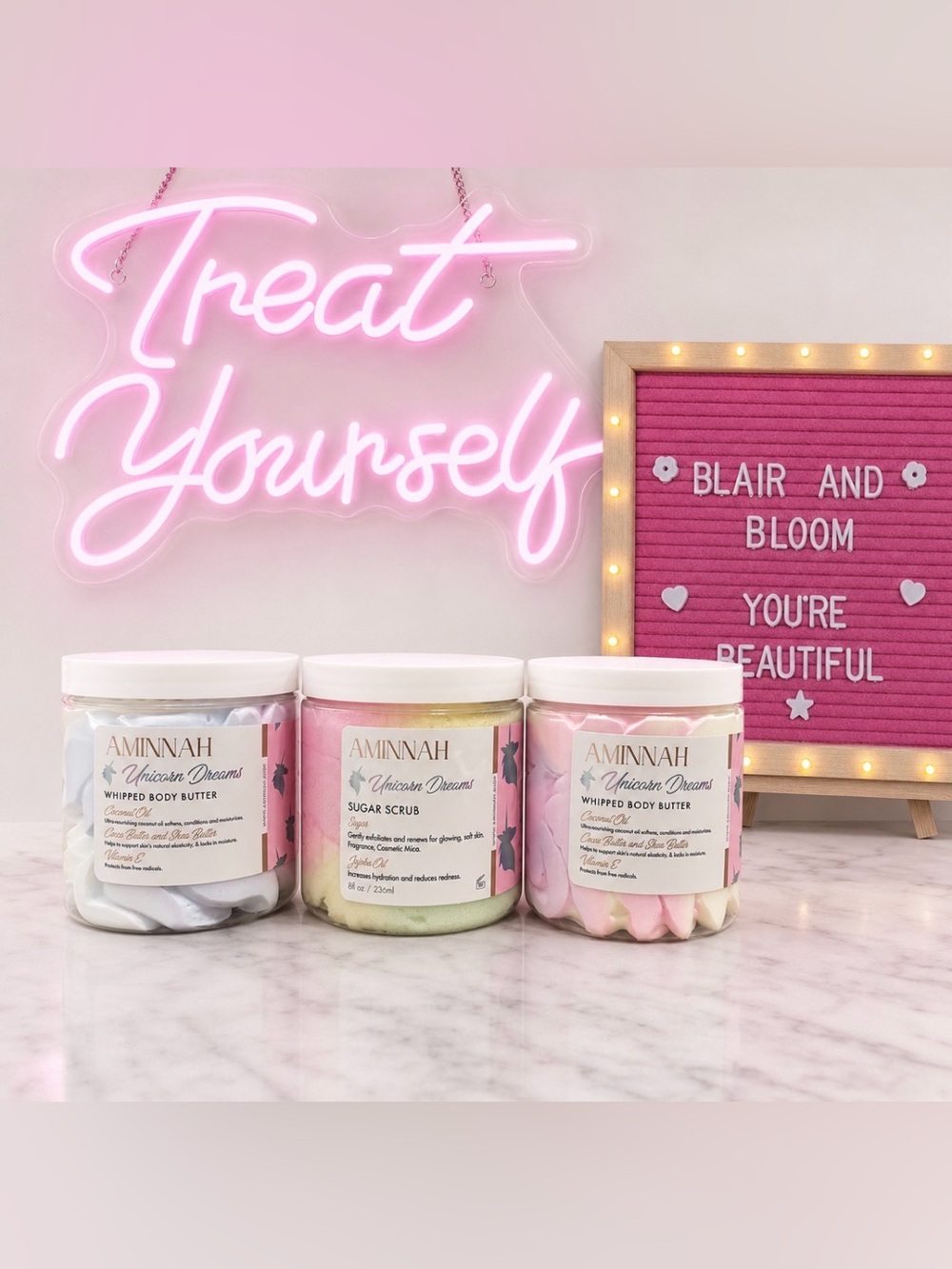 AMINNAH Unicorn Dreams Whipped Body Butter & Sugar Scrub Bundle-NEW